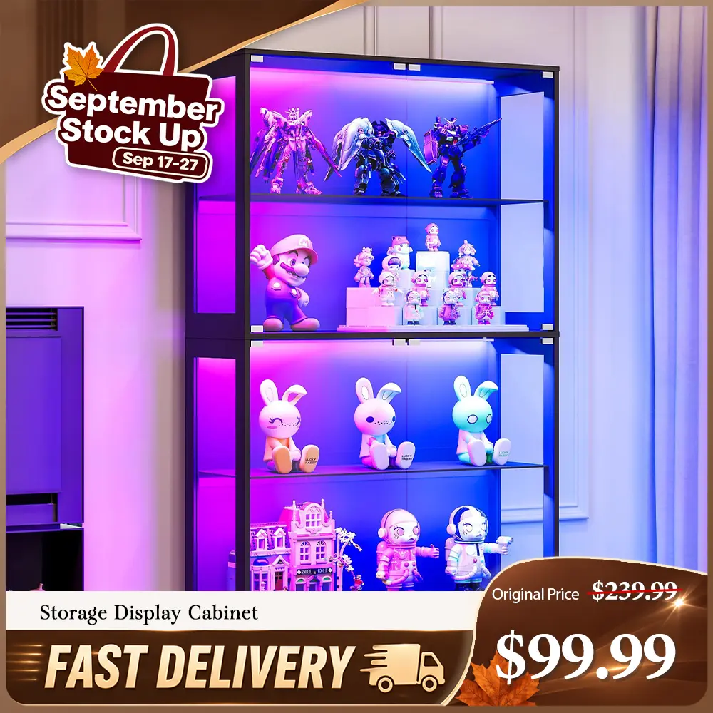 VanAcc Display Cabinet with RGB Lights, 4-Tier Storage Display Case for Collectibles, Adjustable Shelves, MDF and Tempered Glass, Black #tiktokshopstockup