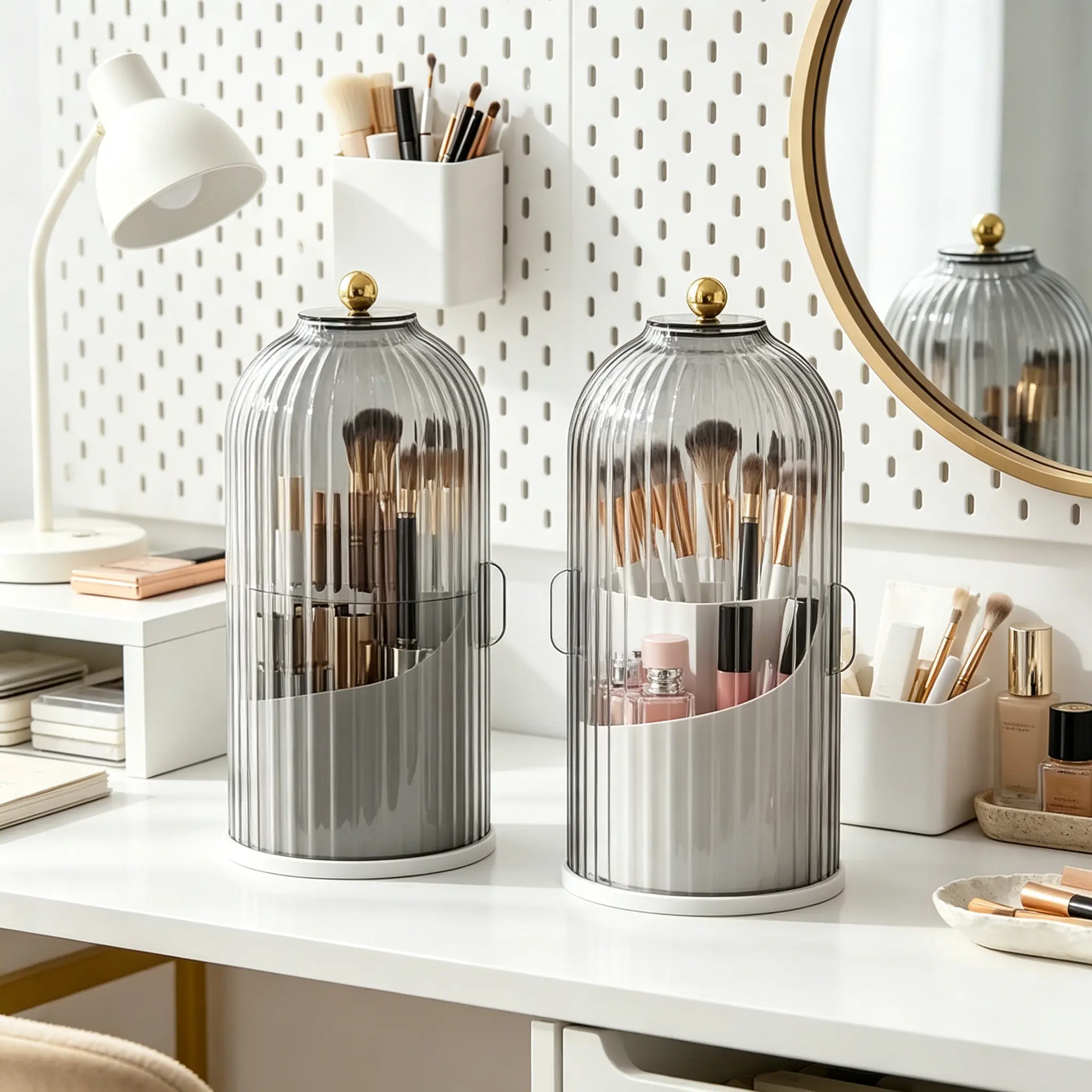 Covered Makeup Brush Storage Box - 360° Rotating Bathroom Countertop Cosmetics Organizer - Self-Adhesive Stickers - Keeps The Makeup Area Tidy And Organized - Multi-Compartment Design, Easy to Clean, Stable Base