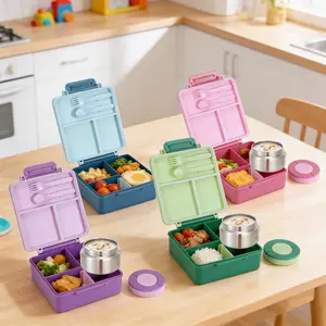 Bento Lunch Box with 8oz Insulated Soup Thermos, Leakproof 4-Compartment Food Container, Hot & Cold Food Storage for School and Travel