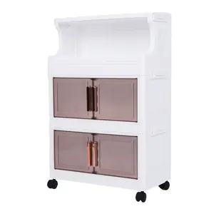 3 Tier Stackable Plastic Storage Bins with Doors and Wheels 42cm Foldable Plastic Storage Container Large Capacity for Craft Home Pantry DormTransparent