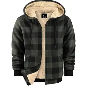 Men'S Heavy-Duty Fleece Hoodie Jacket - Full Zip Up Thick Sherpa Lined Flannel Plaid Shirt with Pockets, Casual Style, Perfect for Fall/Winter, Hooded Collar, Regular Fit, Plaid Pattern, Jacket for Men