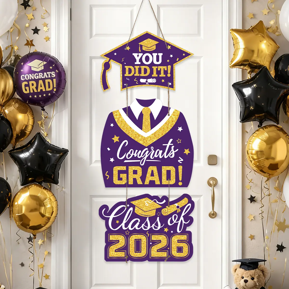 1pc,Cograts Grauation Paper Door Flag Purple GoldClass of 2026 Congrats Grad Graduation Hat Paper Door Flag Banner Welcome Sign Pendants, Perfect for Graduation Season Home Decoration