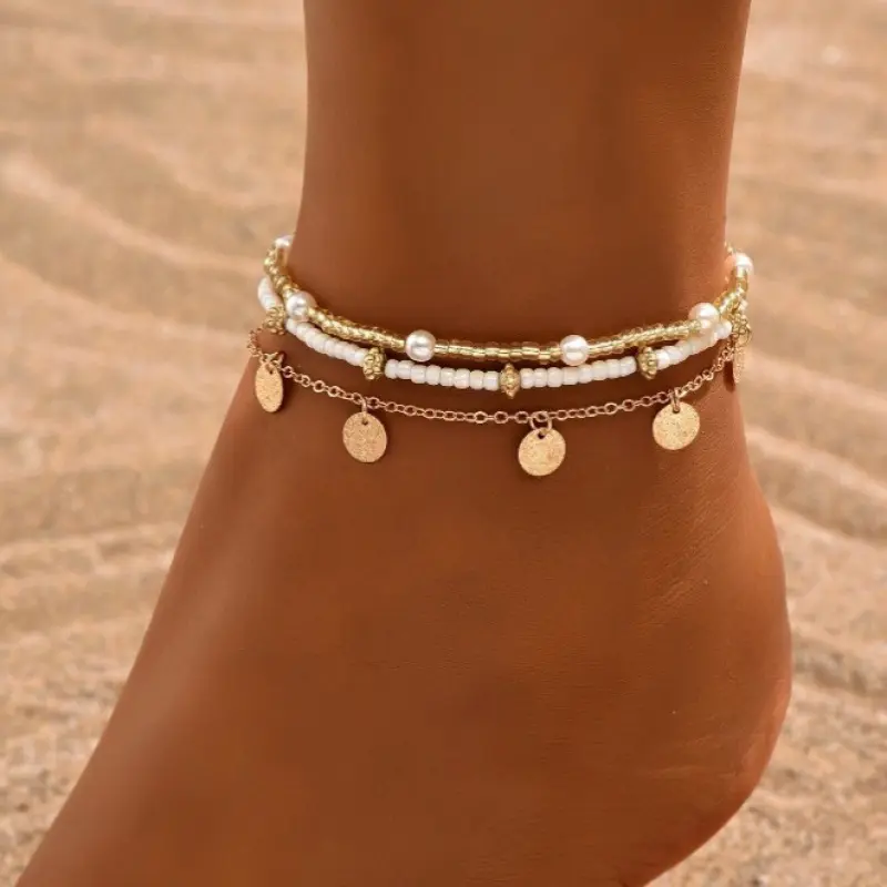 3Pcs Bohemian Rice Beads Anklet Set Multi-layer Ethnic Adjustable Handmade Seed Bead Women Ankle Chain Metal Round Piece Drop Foot Jewelry Vacation Travel Beach Bracelet Jewelry Stackable Foot Chain Set