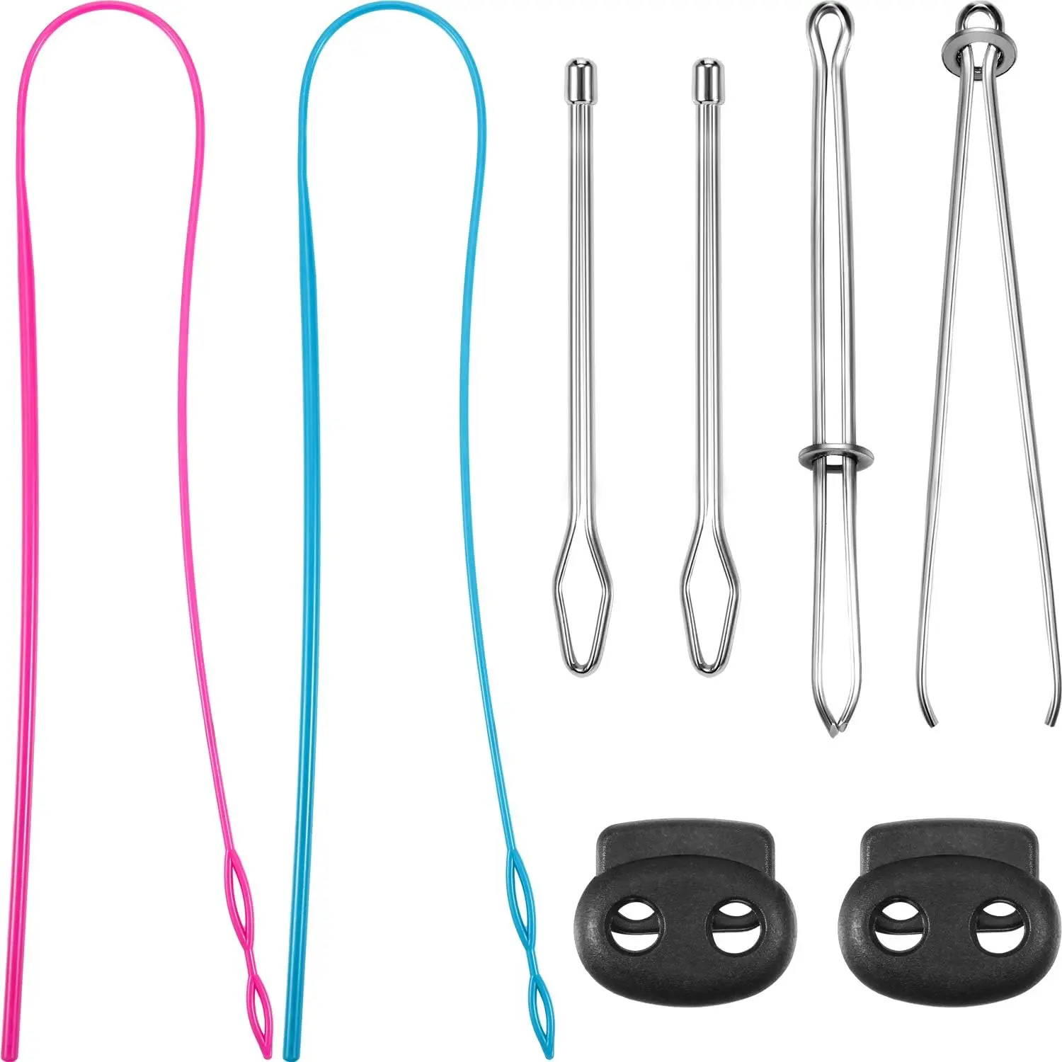 8 count Drawstring Threader Tool Set, 2 Flexible Plastic Drawstring Replacement Tool 2 Metal Threaders 2 Metal Tweezers and 2 Cord Locks for Shorts Hoodies