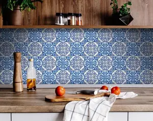 360 stand 24-Piece Colorful Vinyl Wall Decal Sticker Set, 4x4 in. Blue & White Medi Tiles Adhesive Stickers - Easy-Remove Peel & Stick Decorative Tiles for Kitchen Wall Decor, Removable, Vinyl Wall Stickers