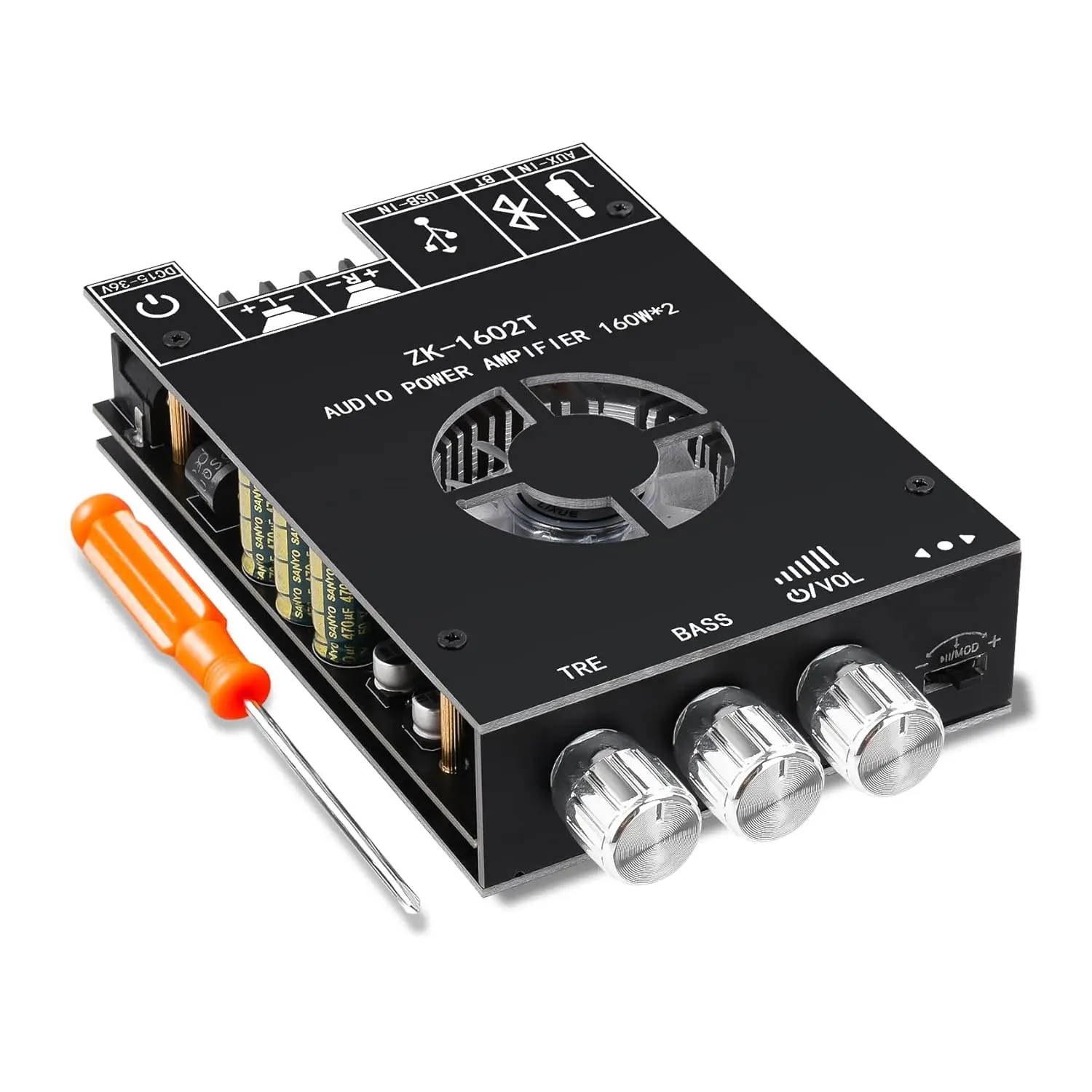 1602T Bluetooth Amplifier Board,160W+160W 2.0 Channel Amp Board with Treble and Bass Control,DC 15-36V, Bluetooth and AUX Inputs, Audio Amp Board for Home DIY Wireless Speaker, Password Free