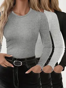 Women's Casual Slim-Fit Long Sleeve T-Shirts, 3-Pack Plain Ribbed Round Neck Tops, Medium Stretch, Perfect for Spring & Fall