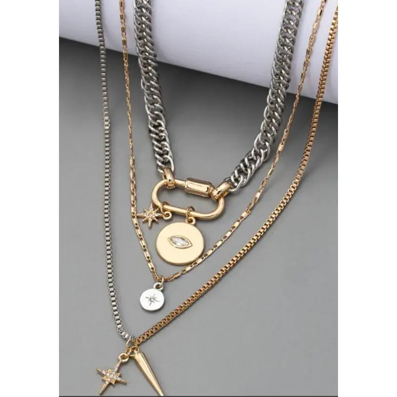 Metal simple gold and silver two-color multi-layer necklace, personalized exaggerated trendy eye pendant multi-layer stacking necklace for women, fashionable and versatile, suitable for daily wear during the back-to-school season, and a gift for Teacher's