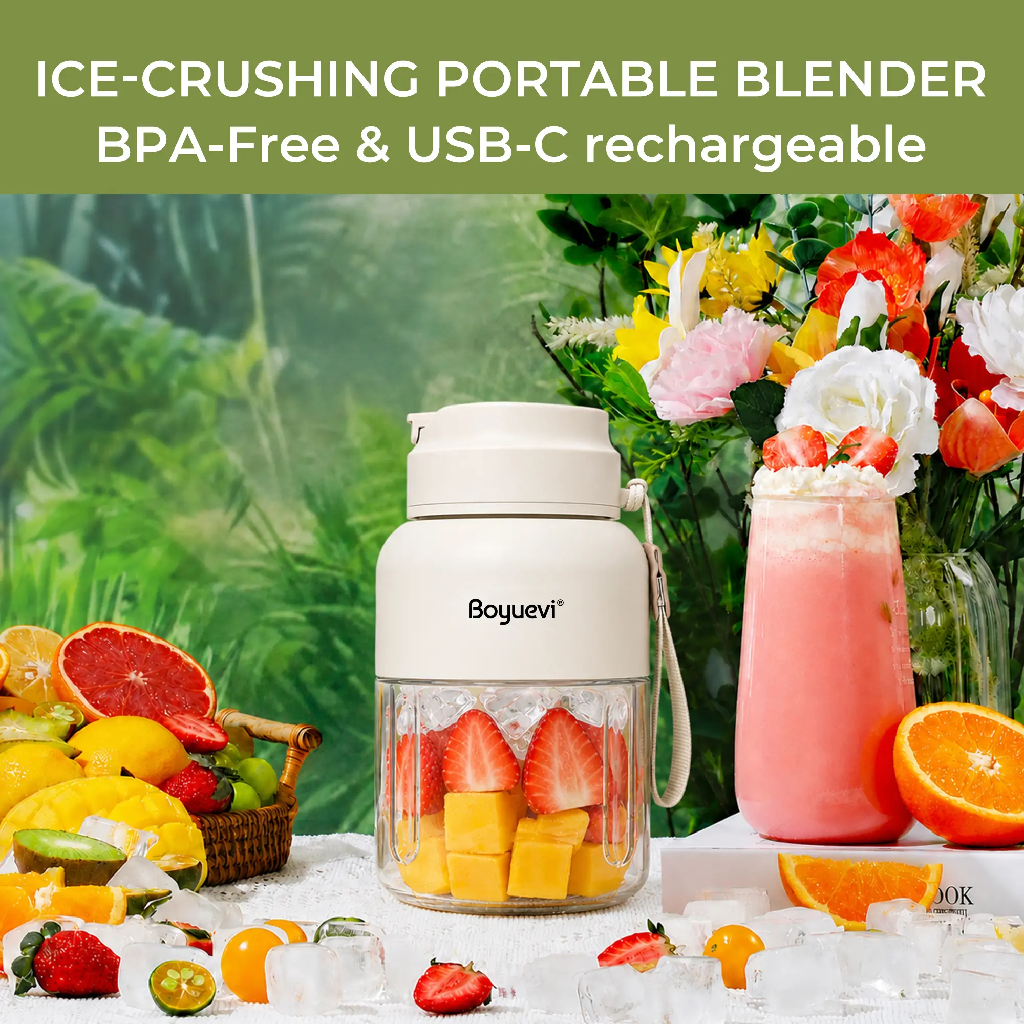 BOYUEVI Portable USB-Rechargeable Blender Cup - 2-in-1 Ice Crusher & Squeezer, Large 1350ml USB Port Personal Smoothie Maker, Multifunctional Kitchen Appliance for Travel, Gym, Portable Blenders, Office, 2-Size Combo