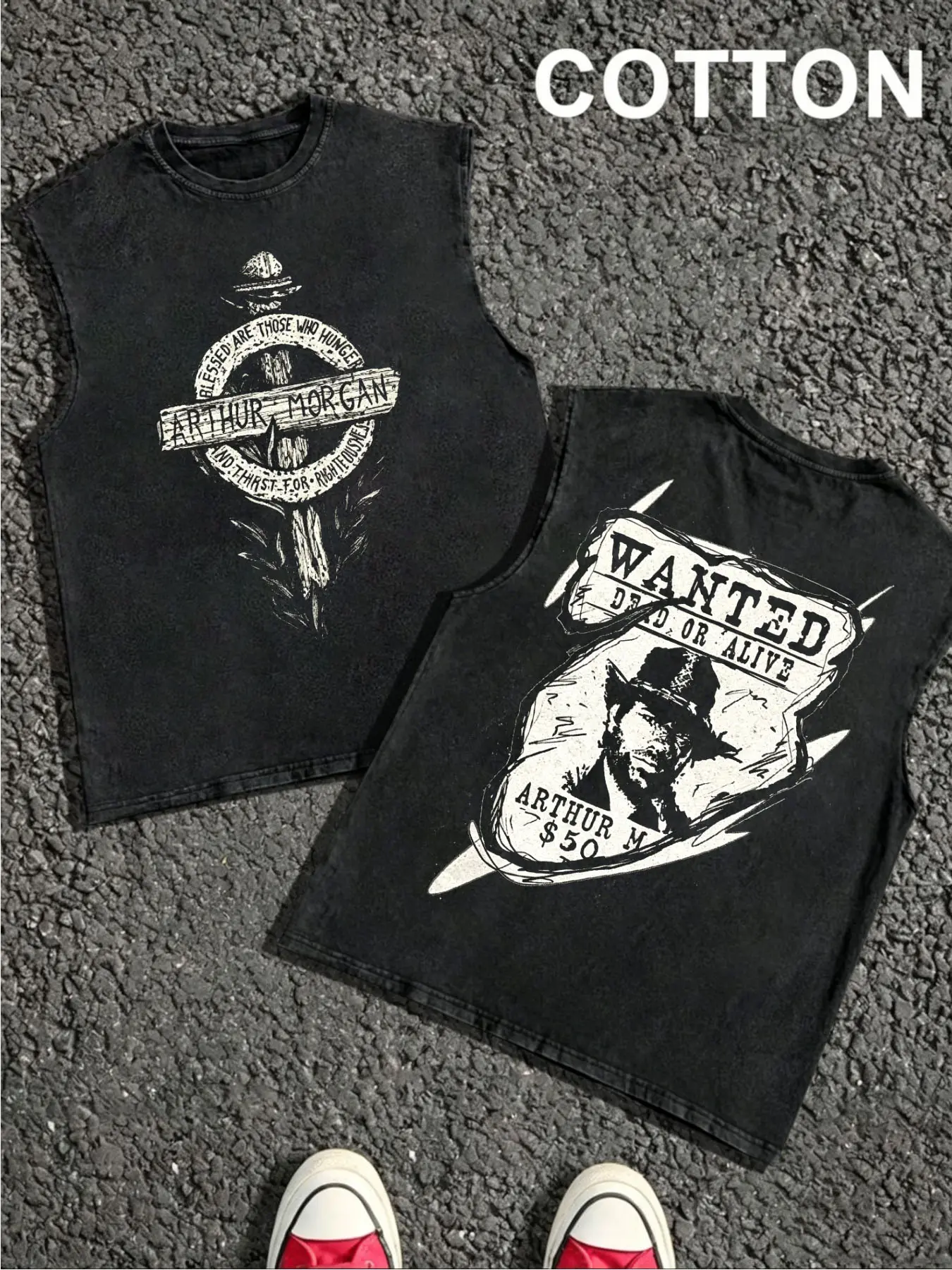1 PCS Arthur Morgan Wanted Dead Or Alive Western Game Front & Back Distressed Graphic Print, Vintage Cowboy Wild West Gamer Streetwear, 100% Cotton Breathable Unisex Tank For RDR2 Fans Casual Daily Outfit