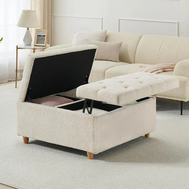 White Sherpa Lift-Top Ottoman Coffee Table - Tufted Look Sherpa Fabric Upholstered Bench with Large Storage, Ideal for Living Room, Bedroom