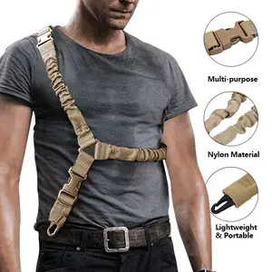 Tactical Single Point Rifle Sling - Quick Length Adjuster + Metal Hooks, Durable for Outdoor Shooting/Hunting, Olive Green/Khaki/Black
