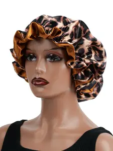 Luxurious Comfortable Fitted Style Lace Sleep Cap, Rose Leopard Print Elastic Wide Brim Satin Sleep Hat, Sleep Bonnets, Hair Protection Headwear, Haircare, Protective Headwear, Secure Fit, Smooth, Soft Touch