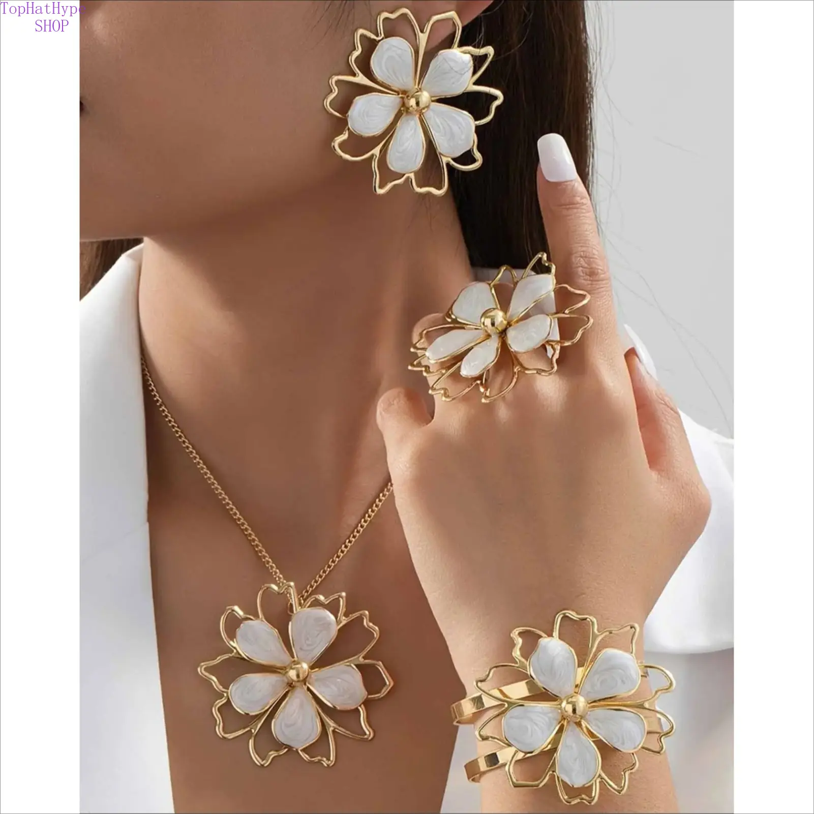 Elegant Flower Pattern Jewelry Set for Women, Fashion Matching Necklace, Earrings, Bracelet & Ring, Exquisite All-Match Ornaments for Daily Wear & Parties, Ideal Mother's Day & Birthday Gifts, Jewelry For Women, Casual Jewelry Sets, Cottagecore Jewelry Se