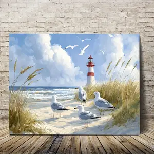 2D flat painting, 2D flat painting, 2D 1-piece wooden frame canvas wall art, ready to hang, seagulls on the beach with a lighthouse, 11.8* 15.7inch , canvas decorative wall art, suitable for bedroom and living room, home wall decoration, with frame, very