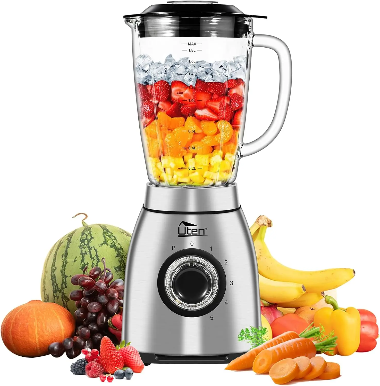 Uten 1800 Watt Hight Speed Countertop Blender for Smoothies and Shakes, Ground Coffee Beans, 60 Oz Glass Jar, 5 Speed Settings and Pulse
