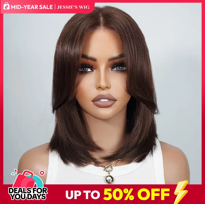 Jessie's Wig Wear and Go Glueless Curtain Bangs Wig Short Layered Bob Wig Italian Bob Hairstyle Skip Salon 7X5 Bob Cut  Human Hair Wig With Bangs For Women  #SummerWins #DealsForYouDays