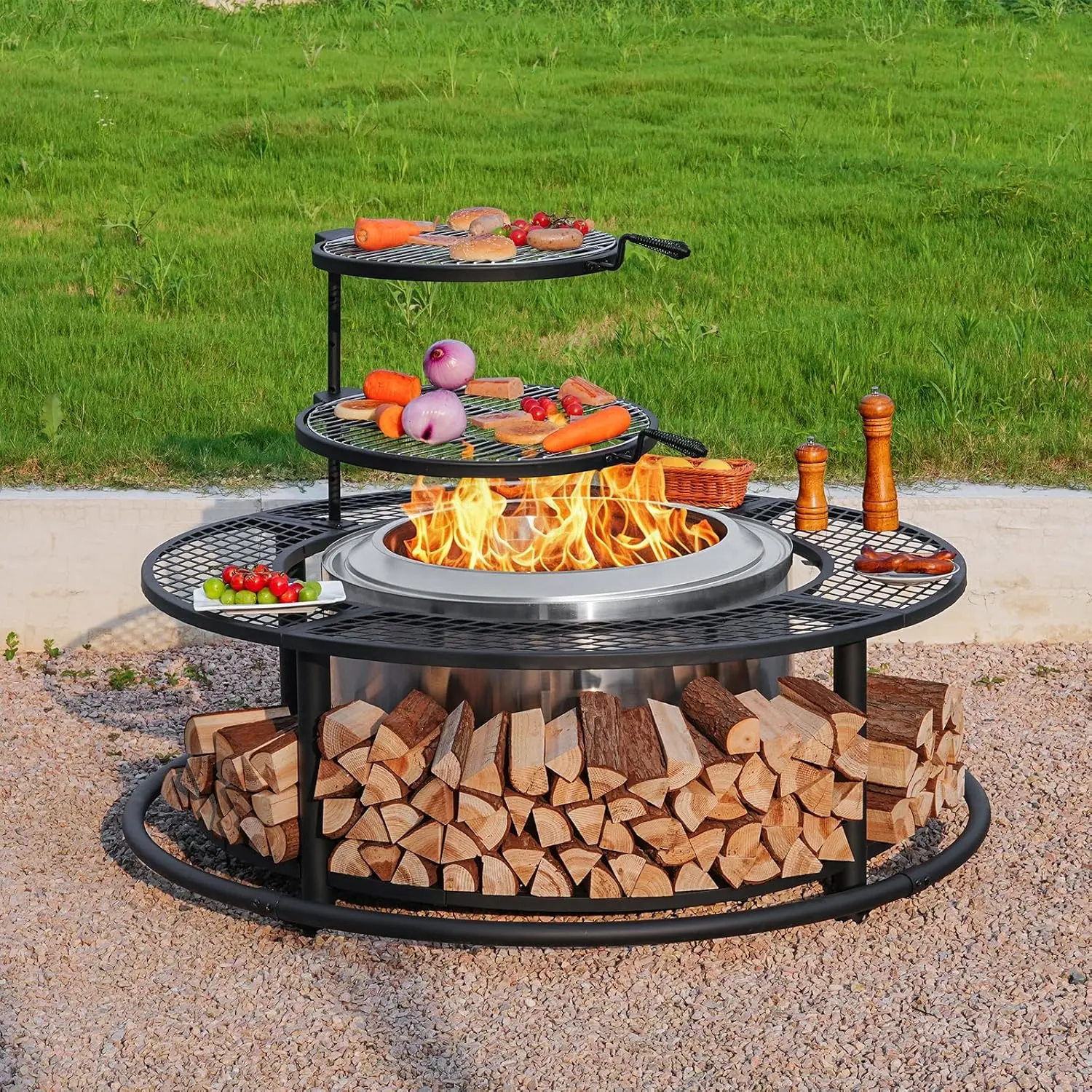 Outvue 50-Inch Smokeless Outdoor Fire Pit Surround Table - Garden Exterior Patio Fire Pit Accessory with Firewood Shelf, 2 Grill Grates, Protective Safety Barrier, Flip-Lid Table (Stove Not Included)