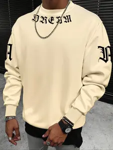 Men's Fleece Knit Pullover Crewneck Sweatshirt Long Sleeve Round Neck Sweater, Letter Print Casual Loose Fit Top for Fall & Winter Daily Wear Knitwear Letter Printed Pullover