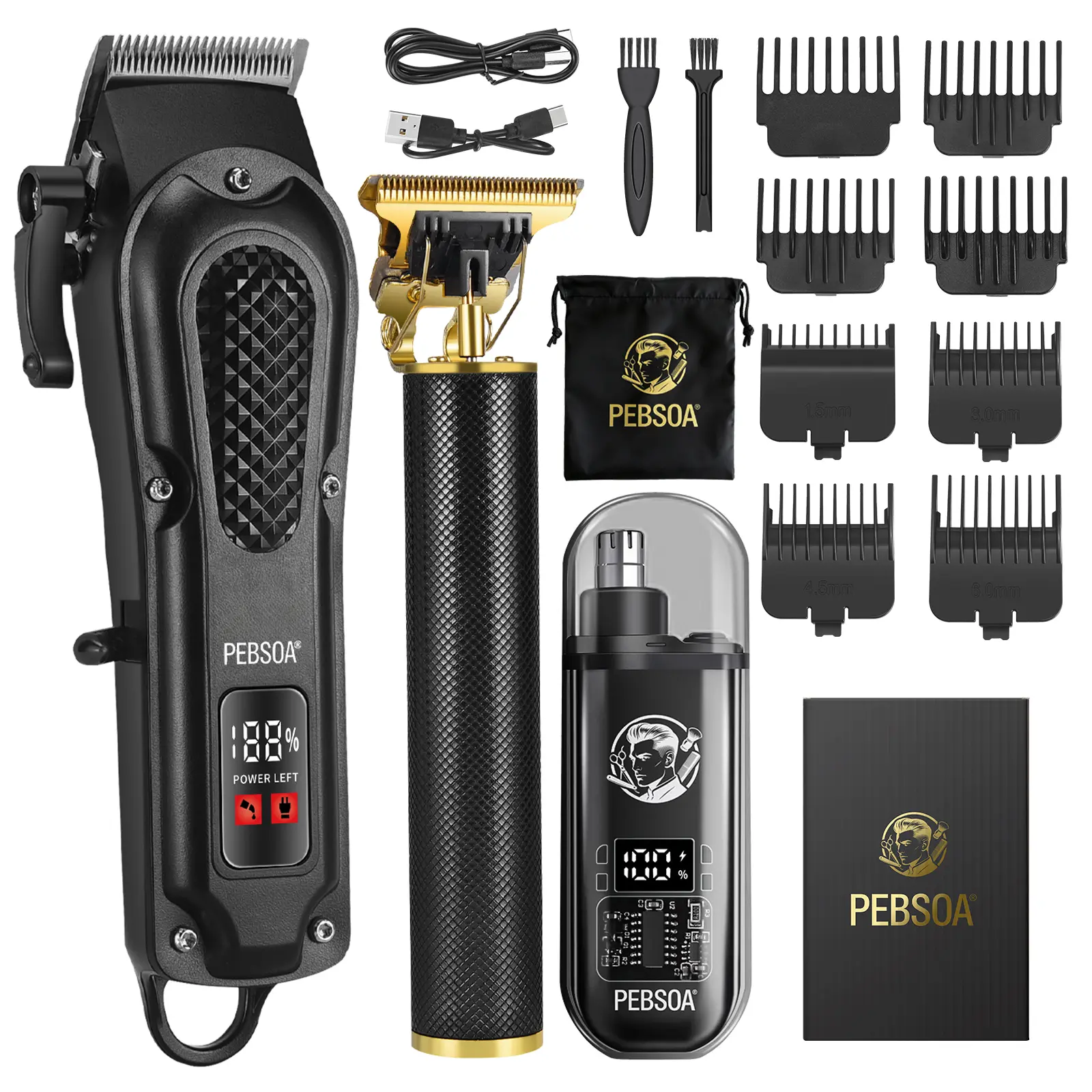 PEBSOA Men's 3-Pcs Professional Grooming Kit - 0-Gap Fade Clipper, T-Blade Carving Trimmer, Electric Beard & Nose Hair Trimmer, LED Digital Display, USB Rechargeable Home DIY Tools, Father's Day Gift