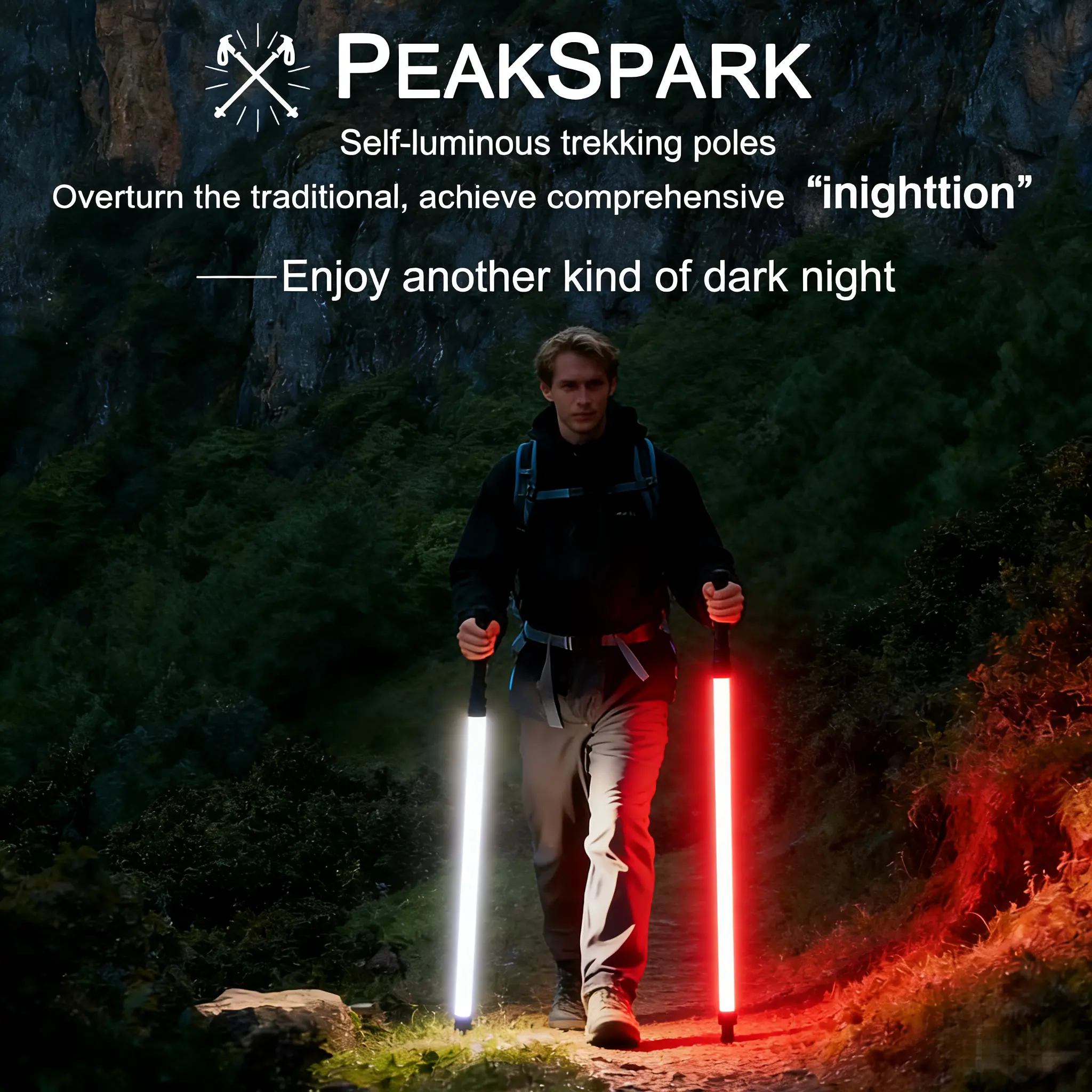 Laser Saber Style Hiking Sticks - Non-Foldable 500g Rust-Proof Aircraft Aluminum Trekking Poles, Adjustable Waterproof Hiking Gear with Built-in LED Safety Beam, Anti-Slip Grip, Great for Camping Nights, Rain Use, Emergency Safety, Night Hike, Durable Sur
