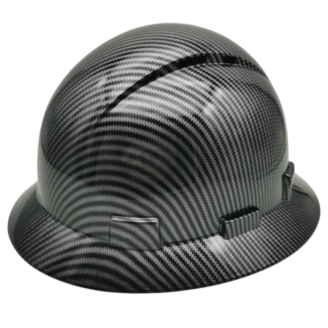 Full Brim Hard Hat in Carbon Fiber Pattern, Vented High-Density Polyethylene Shell for Job Site, 6-Point Ratchet Suspension & All-Day Cushioning, Chin Strap