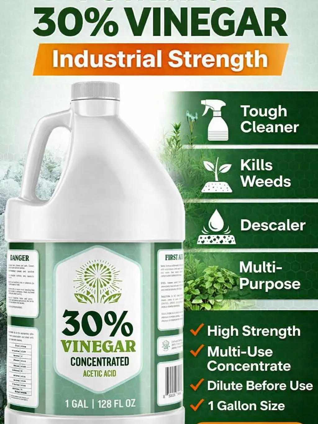 30% Vinegar Concentrate (1 Gal) - Industrial Strength Acetic Acid Cleaner, Heavy Duty Descaler, Calcium Rust Lime & Hard Water Buildup Remover, Multi-Purpose Household Cleaning Solution (Includes Gloves)
