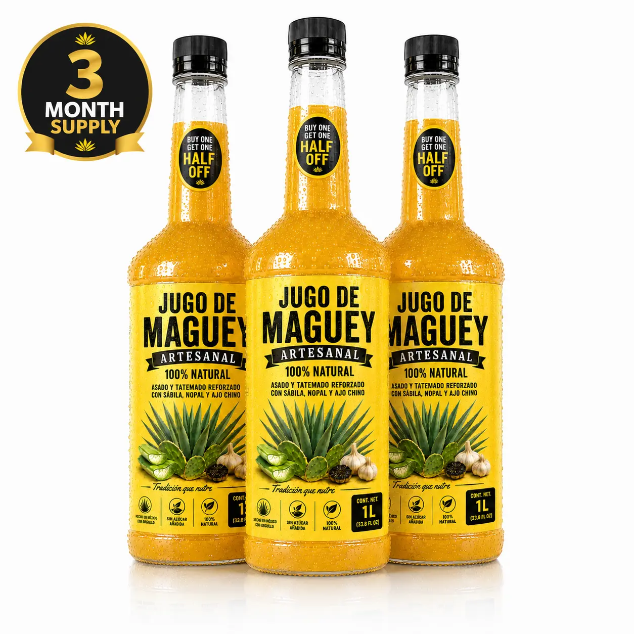 Premium Artesanal Maguey Juice (3-Month Supply, 3 Bottles) - 33 oz (1L) Each, Certified Organic Natural Blend, Room Temp, Export-Grade Quality, 100% Natural with Aloe Vera, Nopal & Chinese Garlic Strong Flavor Beverage Syrup