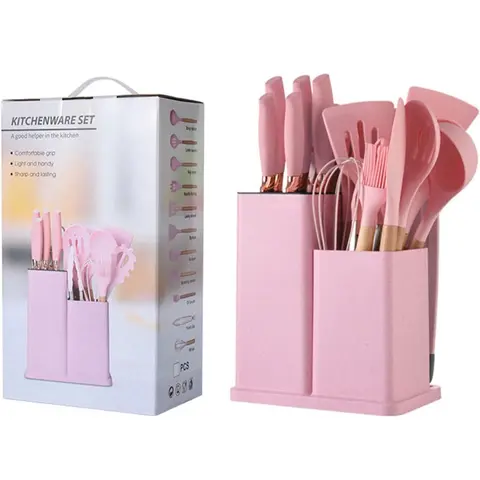 Little Kitchen Utensils Set Silicone Gel Tools With Wooden Handle, Set of 19 Pieces For Home Cooks Nonstick Spatulas Stirring. Ladle Scraper Spoon