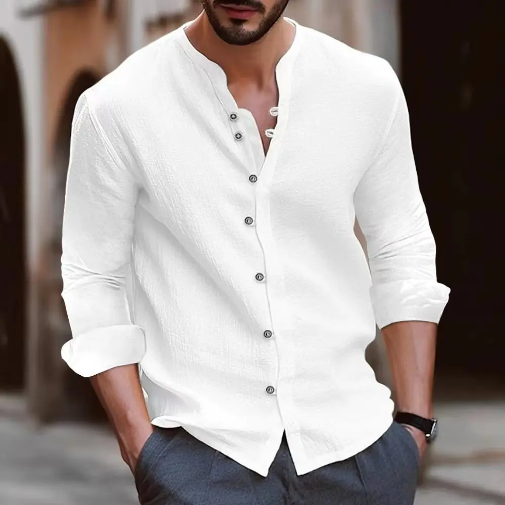 Men’s linen blend breathable stand collar solid color minimalist classic long-sleeve shirt, casual vacation style, buttoned loose fit, available in multiple colors