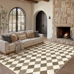 PureCozy Checkered Area Rugs With Checkered Pattern for Living Room Brown Machine Washable Large Rug Non-Slip Stain Resistant Low Pile Boho Accent Indoor Throw Carpet for Bedroom Dining Room Home Aesthetic Decor