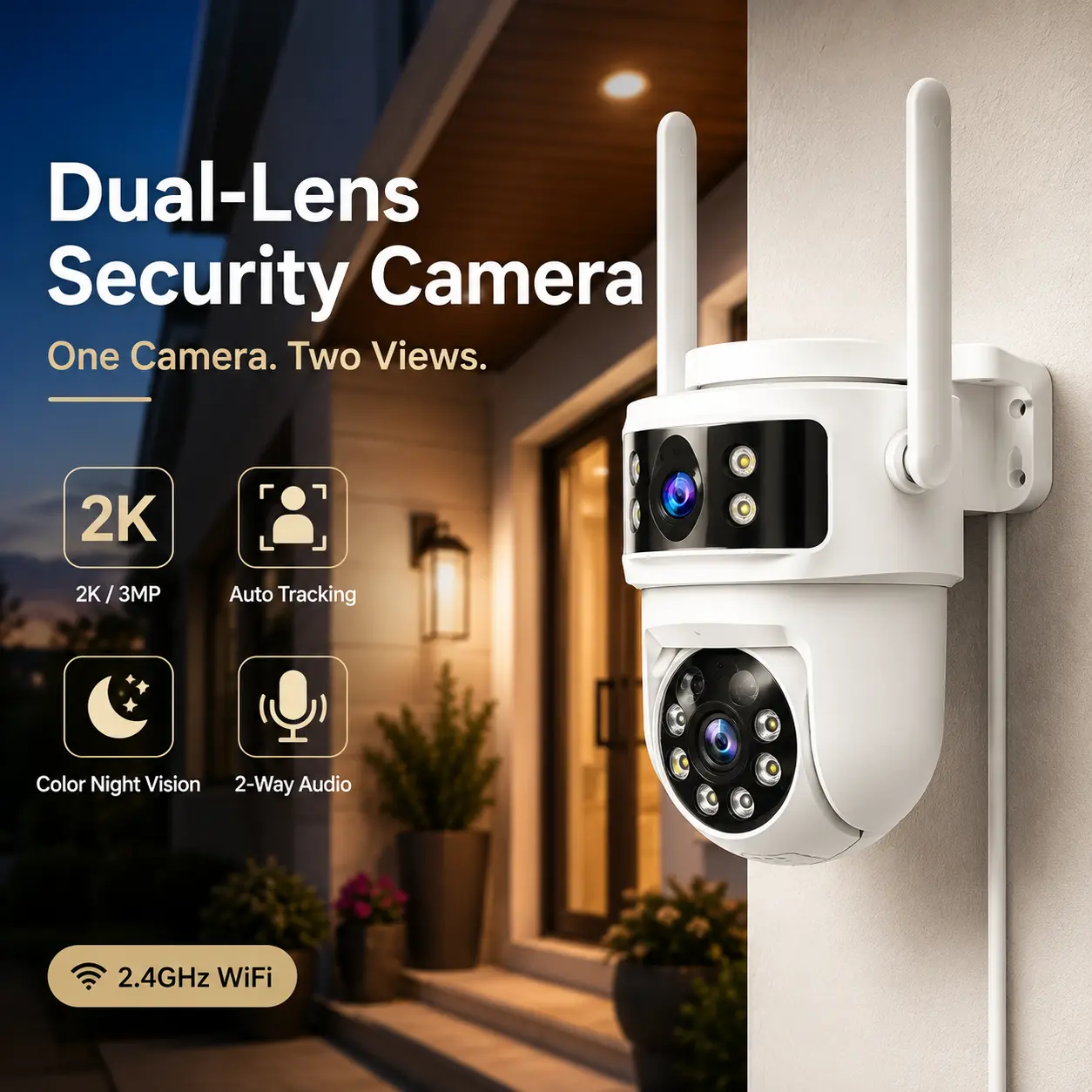 Dual-Lens 2K/3MP WiFi Security Camera, 355° Pan 90° Tilt PTZ, AI Human Detection & Auto Tracking, Color Night Vision, 2-Way Audio, IP65 Outdoor Camera for Home, Garage & Backyard