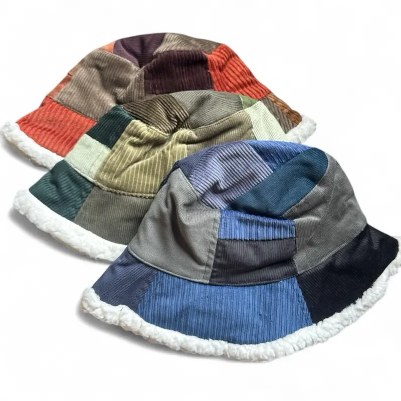 Bucket Hat Patchwork Corduroy Fleece Lined Unisex - Stylish & Cozy for All