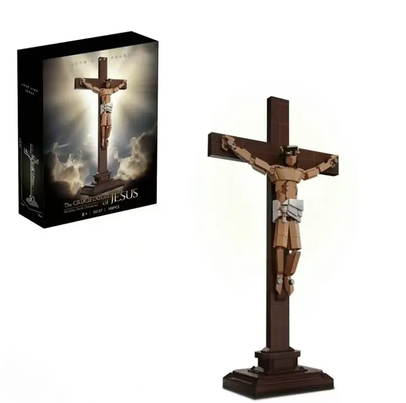 Jesus Crucifixion Cross Building Set with Custom LED Lights — 588 pieces; suitable as an Easter decoration, cross ornament, home accent, or religious-style home décor; suitable for ages 8 and up; unisex. Building blocks and accessories.