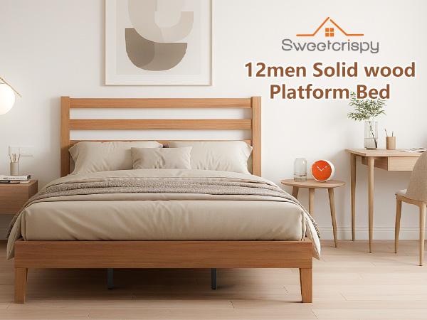 Wood Bed Frame with Headboard - Walnut Finish, Solid Wood Slat Support System, No Box Spring Required