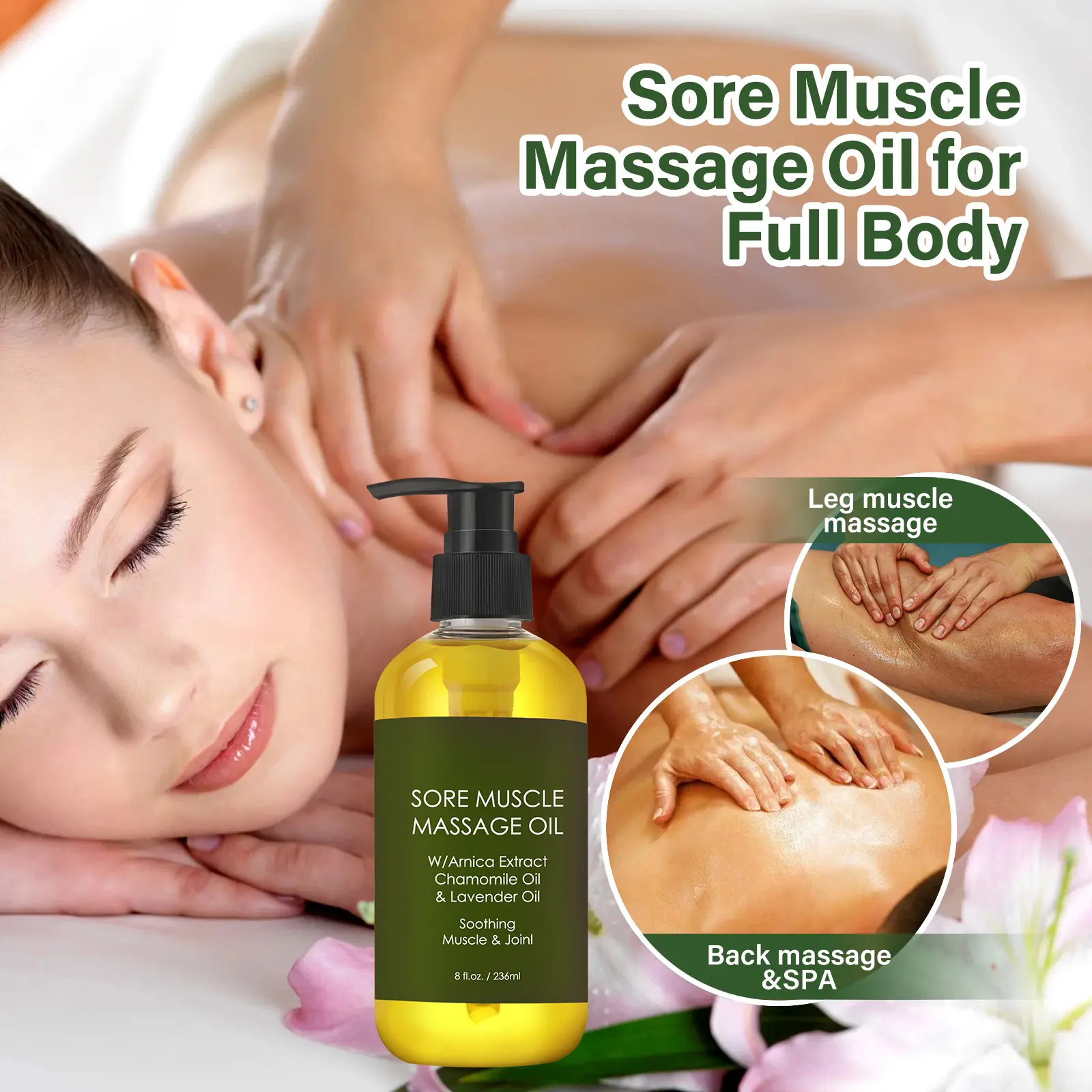 This muscle soreness massage oil contains arnica extract, peppermint, chamomile, and lavender oil to soothe muscles and joints.