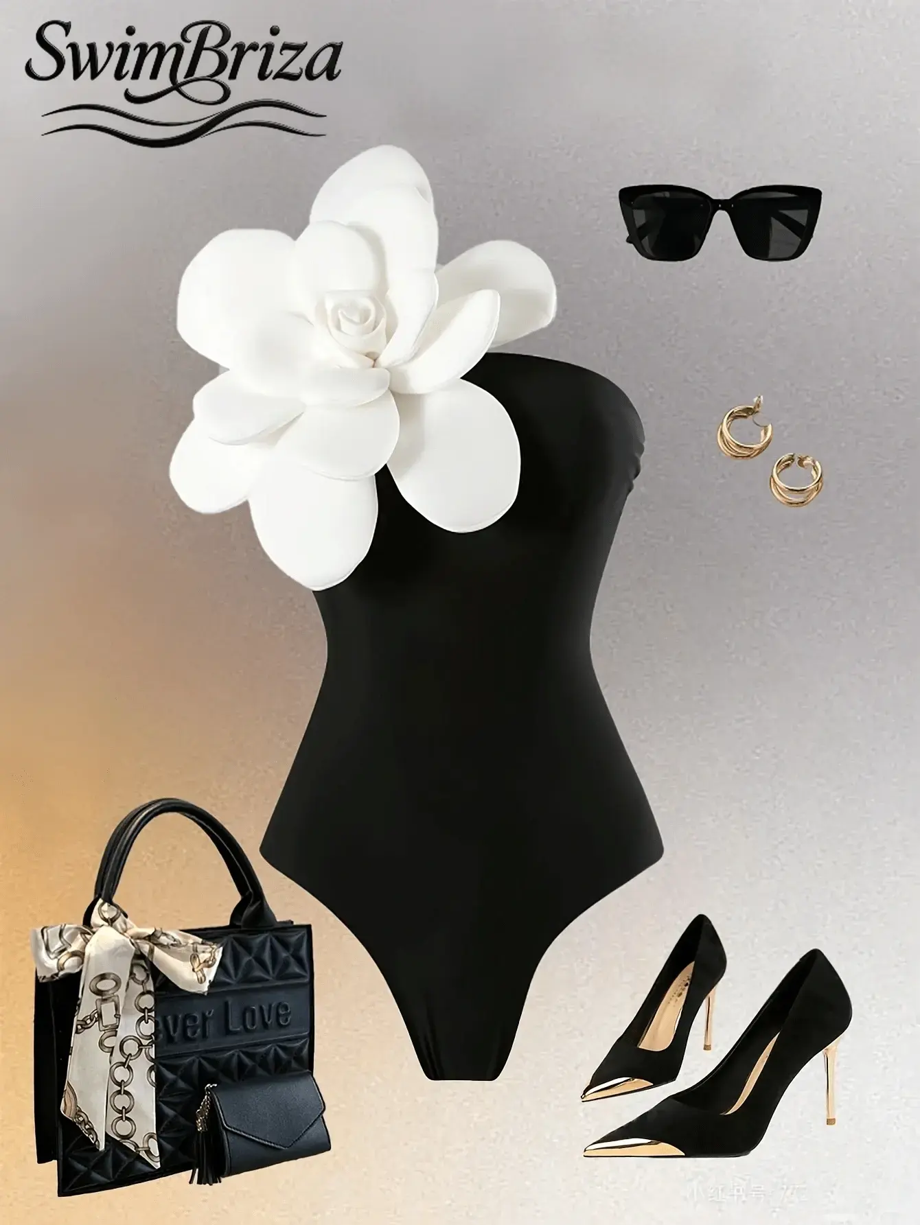 Briza｜Strapless Matte Black One Piece Swimsuit For Women With White 3D Flower Is A One Piece Bathing Suit Fancy For Resort Nights And Bathing Suits For Women Fans Seeking Cute Swimsuits For Women As Vacation Swimwear For Women