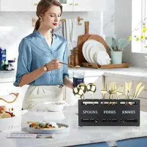 Knife and Fork Storage Box, Party Chopsticks and Spoons Storage Box, Rectangular Kitchen Tableware Box, Dining Room Tabletop Grid Wooden Box