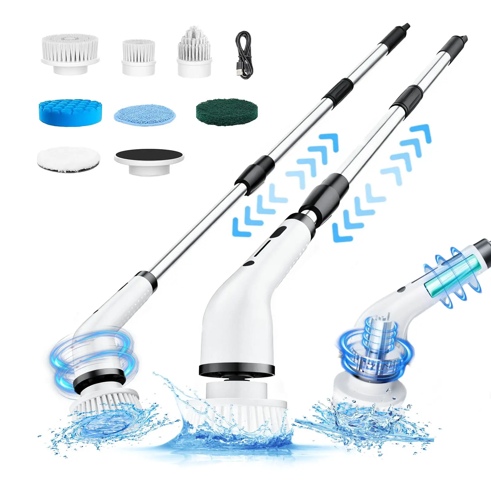 Cordless Electric Spin Scrubber for Deep Cleaning, Wireless Brush with USB Port, Ergonomic 3-Level Adjustable Extension Handle, 4 Replaceable Heads, IPX7 Waterproof, 2-Speed, Ideal for Bathroom, Pool, Back/Knee Users