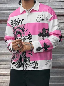 Men's & Polo Neck Hoodie, Striped Graphic Design, Long Sleeve Fitted Casual Wear, Soft Comfortable Fabric