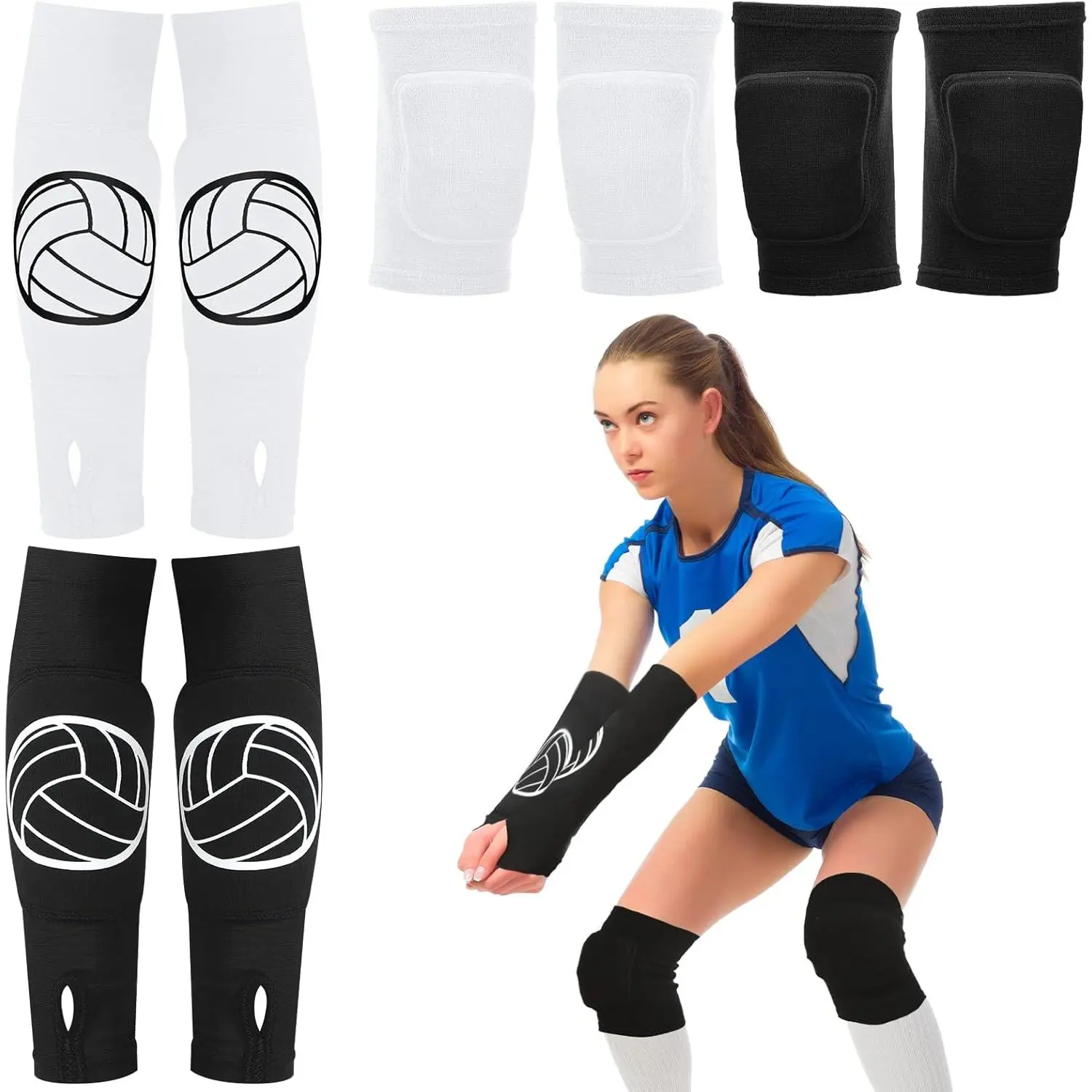 Sports Knee Pads & Compression Arm Sleeves 2-Set, Soft Breathable Volleyball Protective Gear with Thumb Holes for Hitting, Passing, Compression Pads, Knee + Arm Sets