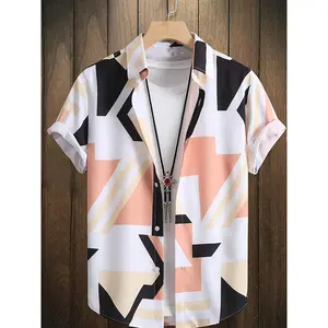 Men'S Casual Print Shirt with Polyester Material, Lapel Collar, Non-Stretch Fabric, Summer Season, Button Details, Regular Fit, Perfect for Adult, Woven Fabric, 120 g/m² Fabric Weight