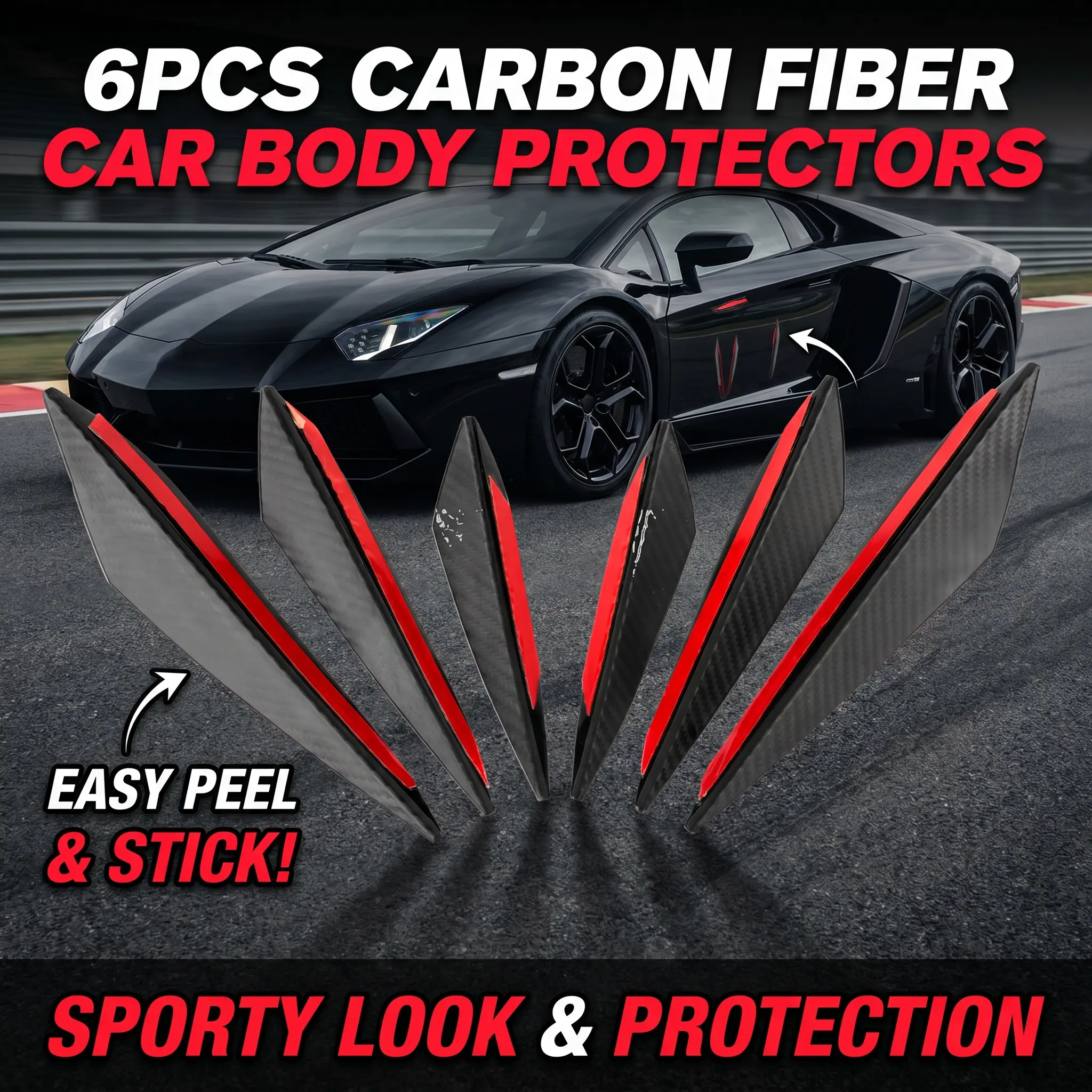 6PCS Carbon Fiber Style Universal Car Bumper Guards Full Set - Lightweight Self-Adhesive Bumper Accents, Trim Strips, Custom Accent Auto Exterior Trim for Fender, Car Body Panel, Easy Installation, Universal Fit