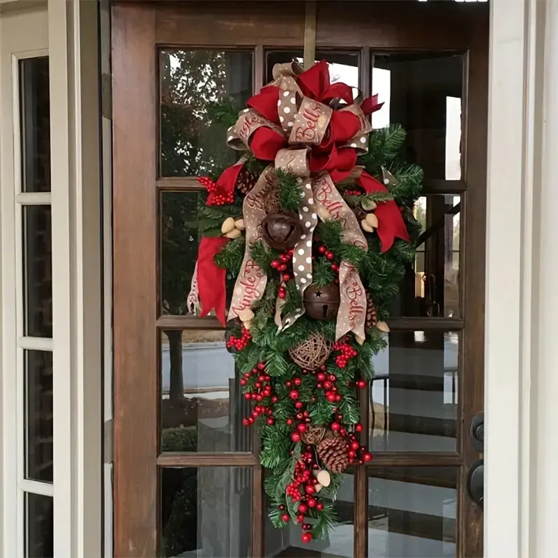 24 in (60cm) Rustic Synthetic PVC Artificial Hanging Christmas Wreath (1PC) - Decor with Teardrop Ornaments, Snowberries, Bows, Faux Pinecones, Vintage Bells - No Assembly Needed for Front Door Outdoor, Christmas Home Decoration
