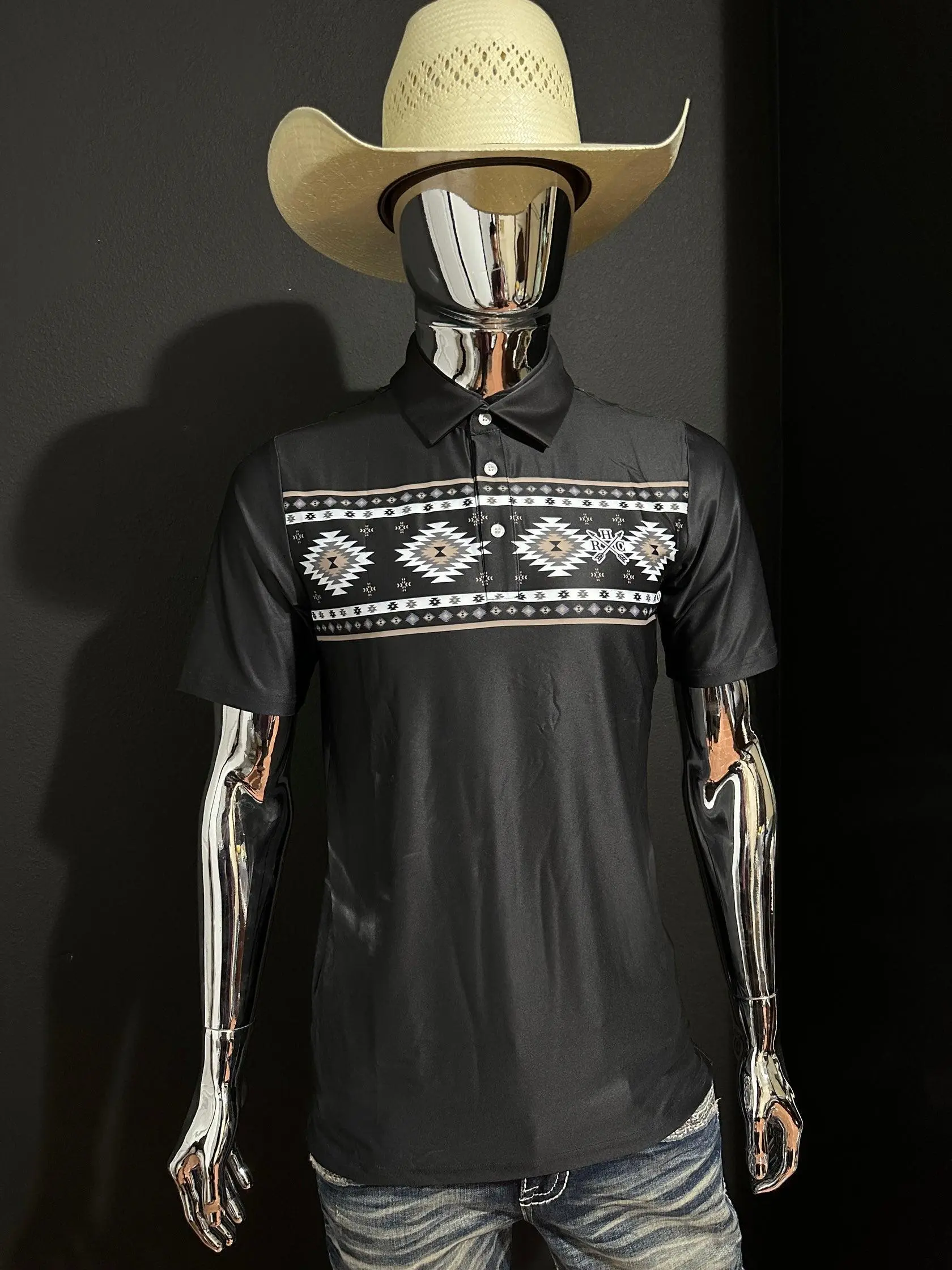 RHC Angel Black Aztec Performance Polo Casual Fabric Menswear Top