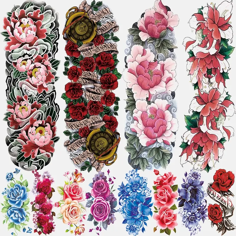 12 Temporary Tattoo Sleeves for Women, Tattoo for Beginners, DIY Tattoos, Full Arm Lotus Rose Tattoos, Colorful Peony Roses, Realistic Floral Fake Body Art Stickers, Flower, Waterproof Realistic Tattoos, Ephemeral Tattoos