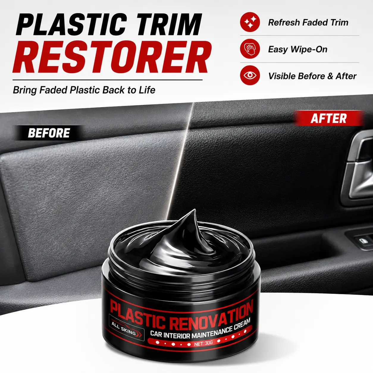 Car Interior Plastic Restorer, Plastic Trim Restorer for Faded Black Trim, Auto Detailing Cream for Dashboard, Door Panels & Interior Plastic, Easy Wipe-On, 30g shopping deals free samples to request