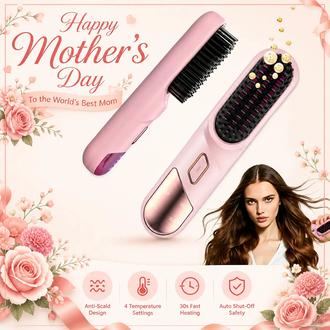 Numoya GoBrush Pro 2026 Cordless Ceramic Hair Straightener Comb, Lightweight Portable Travel Tool for Short Hair, 9 Adjustable Temp Settings, 9600mAh Rechargeable Battery, Fast Heating, Auto Off Safe, Storage-Friendly (Pink) Dual-Temperature Curler t, Smo