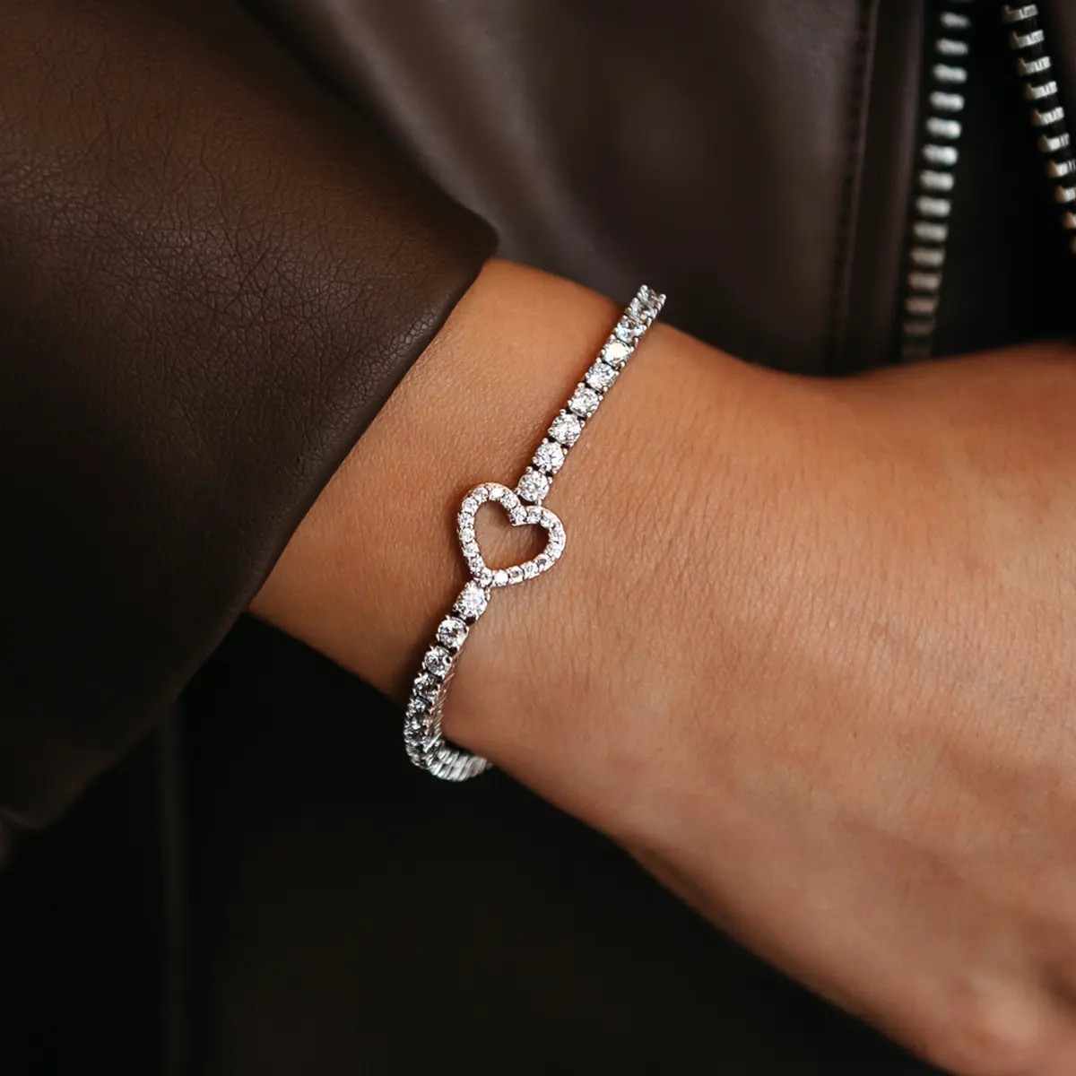 GLD Heart Tennis Bracelet in 14k White Gold - 3mm Width, 6", 7", & 8" Length, Hand-Set Stones, White Gold Plated, Stacking Friendly, Life Guarantee- Perfect Gift #TikTokShopBackToSchool