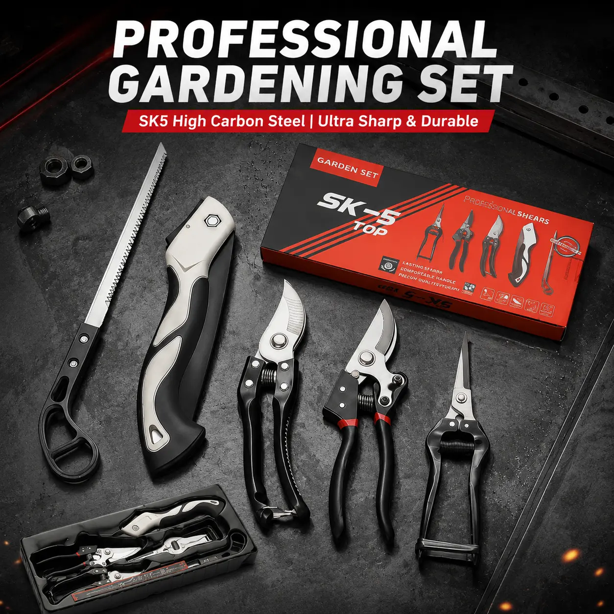 5-piece SK5 high-carbon steel gardening pruning set: loppers + folding saw | Versatile garden set： includes 2 shears, 1 folding saw, and 2 precision snips for all garden tasks.